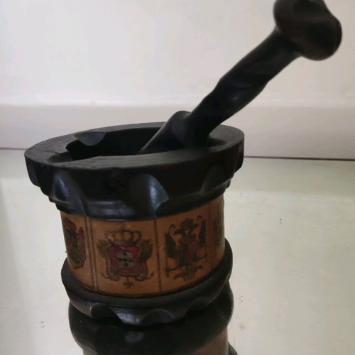 Wooden mortar used with pestle and 9 flags collectible