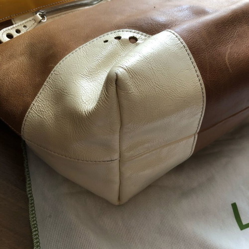 Longchamp shoulder bag used, camel leather with white patent details