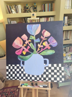 Floral painting on canvas 100x100 like new, deep edge