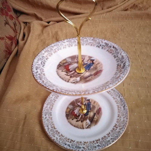 Two-tier English porcelain serving platter with gold floral trim