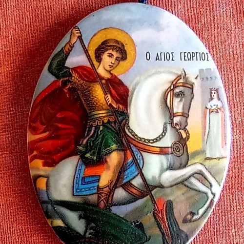 Set of 4 vintage oval religious icons with metal hanging Saint George gift