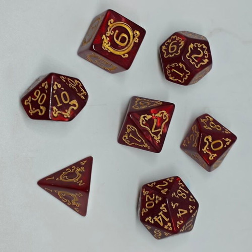 D&D Dragon Pearl Red & Gold Dice Set like new, 7 pieces