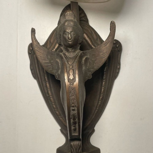 Bronze wall light like new with carved white glass and angel shape