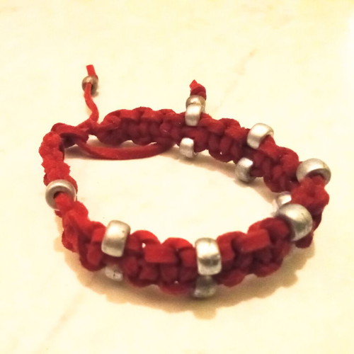 Handmade suede bracelet like new, red with silver beads