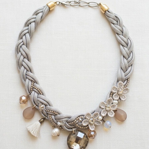 Handmade statement necklace with grey braided cord and fabric flowers