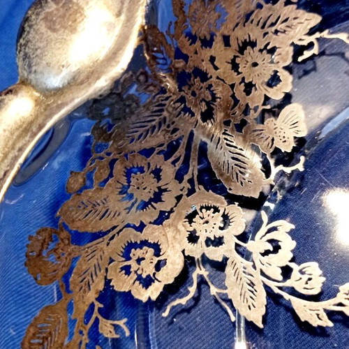 Vintage glass divided serving dish 20 cm with silver decoration like new