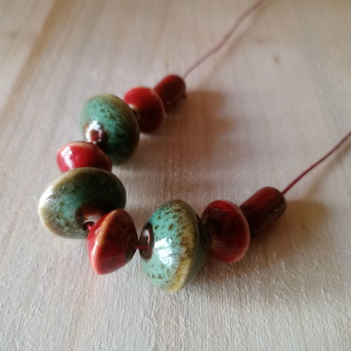 Ethnic porcelain bead necklace used, blue and red colors
