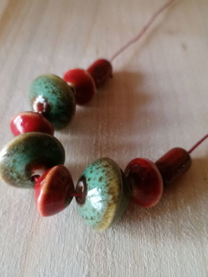 Ethnic porcelain bead necklace used, blue and red colors