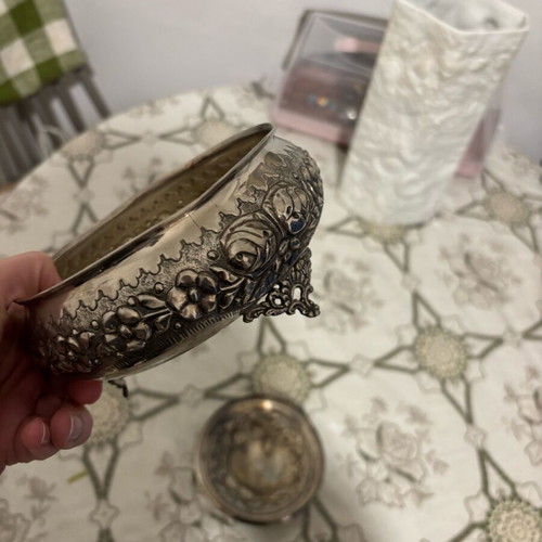 Handmade silver-plated fondue pot with carved details like new