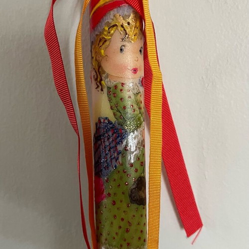 Candle with girl painted with acrylics and decoupage new