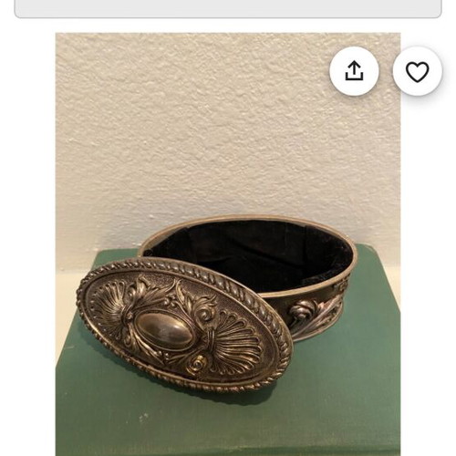 Vintage silver-plated jewelry box new with embossed designs and blue velvet