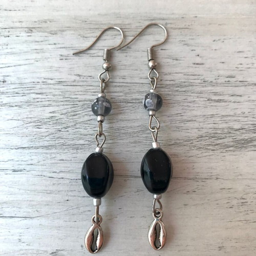 Earrings black gray silver with metal summer shells new
