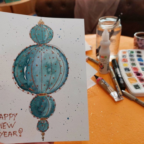 Handmade New Year card with watercolor paints new