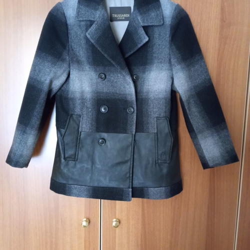 Trussardi junior kids coat new, wool and leather, size 8, gray