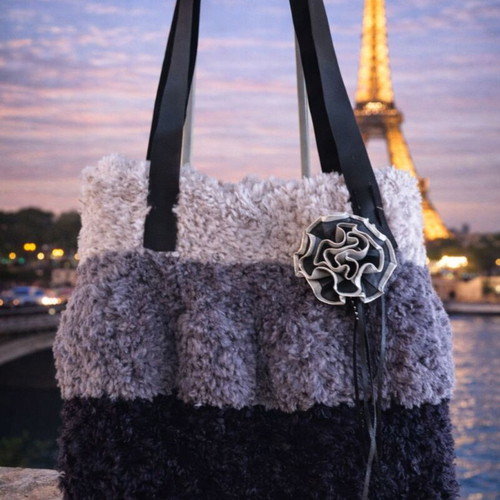 Handmade shoulder bag new with furry texture in black and gray