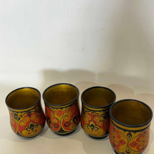 Set of 4 vintage Russian wooden glasses used, hand-painted