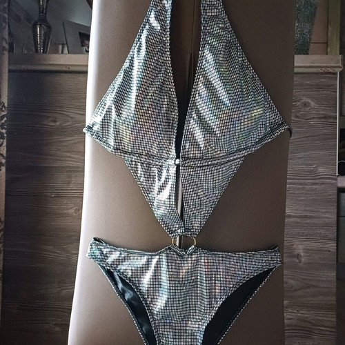 Women's swimsuit new, silver, with removable cup bra, sizes S and M