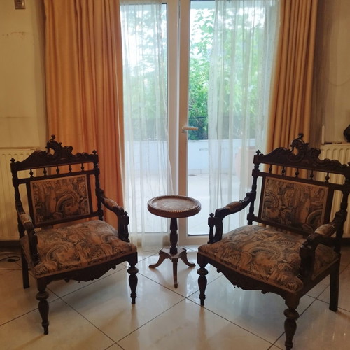 Antique living room set used, carved dark wood sofa and 2 armchairs