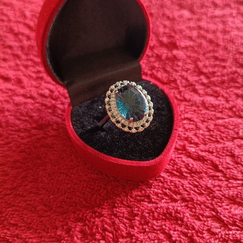 Women's silver ring with large teal moissanite and zirconia, new