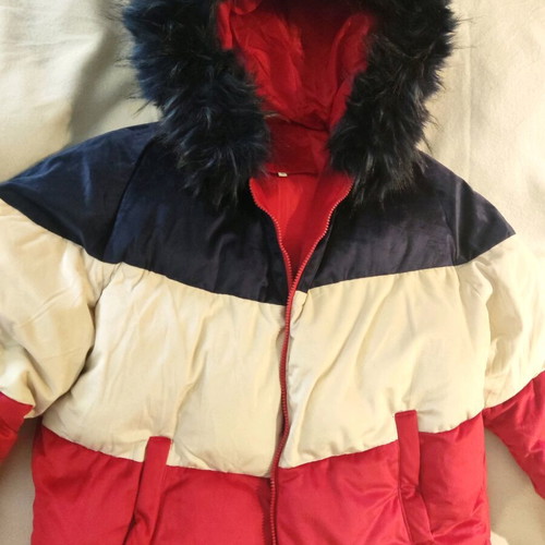 Puffer μπουφάν με κουκούλα και γουνάκι, πολύχρωμο, μέγεθος L, καινούργιο