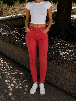 Red denim pants Pink Woman (L)