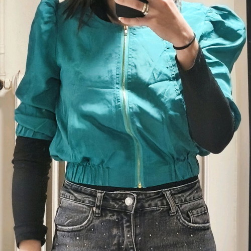 Vintage bomber jacket used, emerald green with puffed sleeves