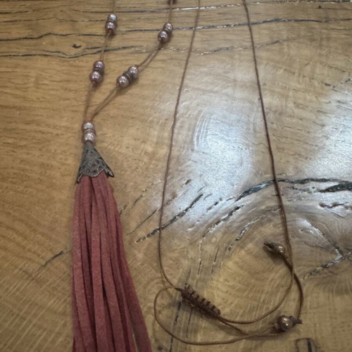 Necklace 58 cm boho chic with brown burgundy faux leather cords and metallic beads like new
