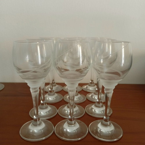 Vintage set of 48 stemmed glasses with swirl engraving for 12 people