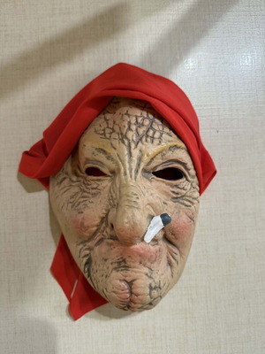Carnival mask old woman new, realistic full face with red scarf