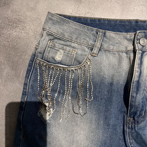 Denim shorts with strass fringes, like new, size L 40 12, blue