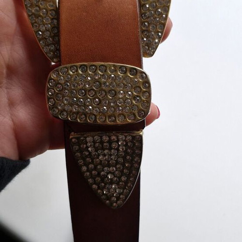 Leather belt with strass like new, brown and gold, 100 cm