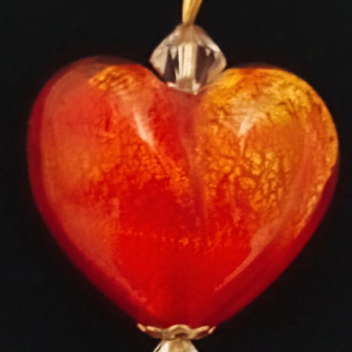 Murano glass red heart pendant with Swarovski crystals, gold fleck