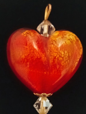Murano glass red heart pendant with Swarovski crystals, gold fleck