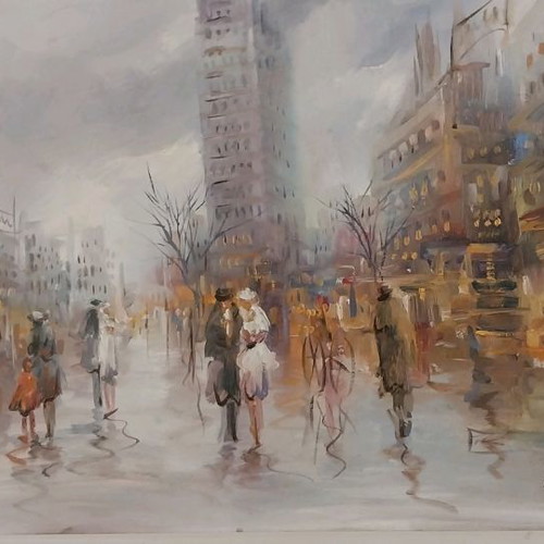 Painting by F. Mouratidou used, possibly "Paris", 70×100