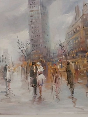 Painting by F. Mouratidou used, possibly "Paris", 70×100