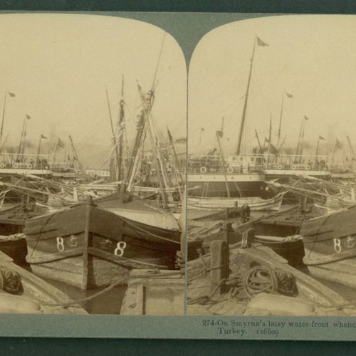 Stereoscopic card Smyrna the port used, old authentic from 1900