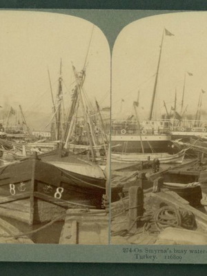 Stereoscopic card Smyrna the port used, old authentic from 1900
