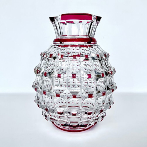 Val Saint Lambert Art Deco vase used, clear and ruby red crystal