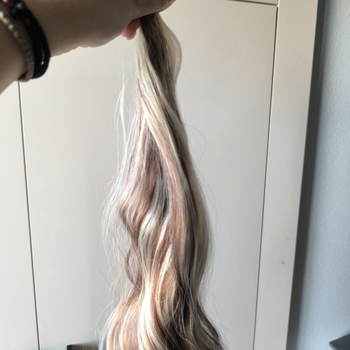 Ponytail hair extension with foil, sweet chestnut red with blonde highlights
