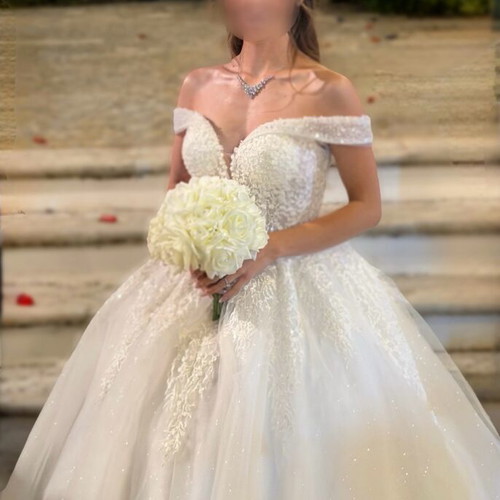 Custom Made Wedding Dress like new, princess ball gown with embroidery and veil