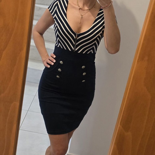 Fitted dress in navy blue with white stripes, used, size M