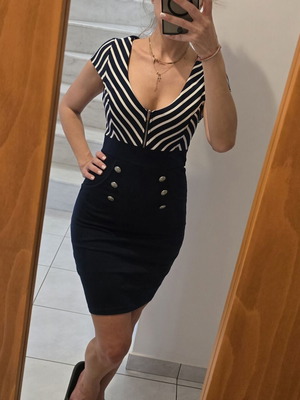 Fitted dress in navy blue with white stripes, used, size M