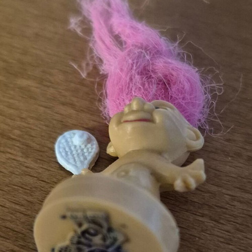 Vintage Troll figure with pink hair and tennis racket, used, rubber stamp base