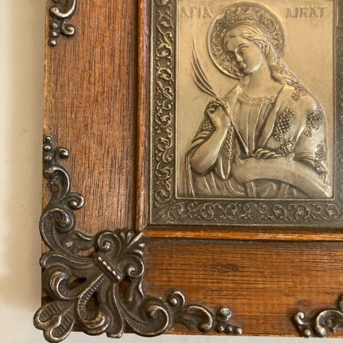 Μικρή vintage ελληνική ορθόδοξη εικόνα της Αγίας Αικατερίνης Αλεξανδρείας σε ξύλινη κορνίζα
