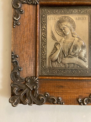 Μικρή vintage ελληνική ορθόδοξη εικόνα της Αγίας Αικατερίνης Αλεξανδρείας σε ξύλινη κορνίζα