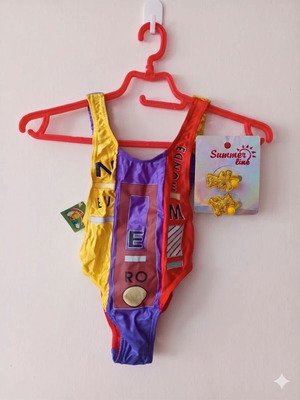 Vintage toddler swimsuit with hair ties new, colorful 90s 00s style
