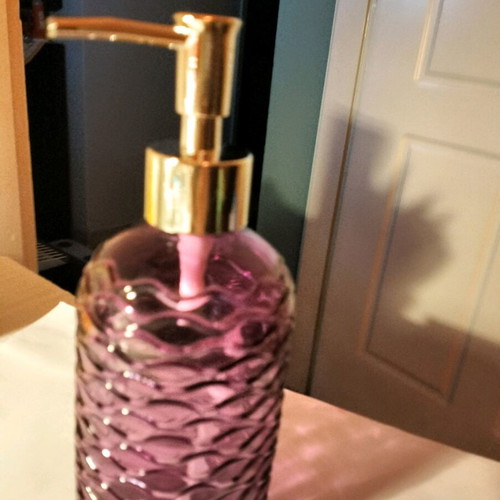 Glass cream soap dispenser new in dark salmon-pink color