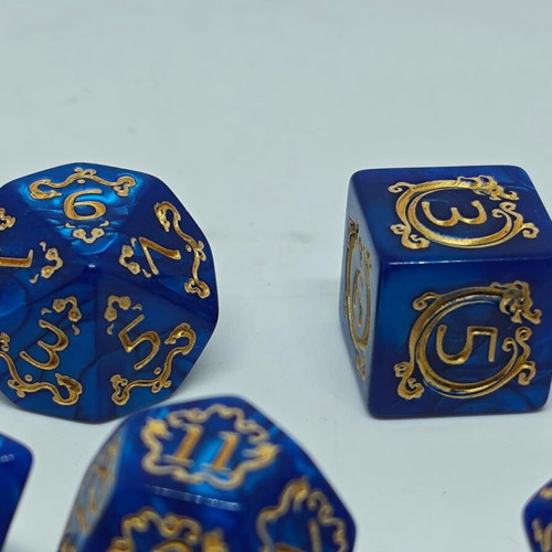 RPG Blue Dragon Pearl Dice Set like new with gold details