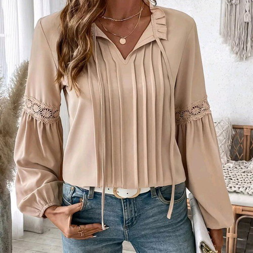 Women's beige blouse new with V-neck and gathered sleeves