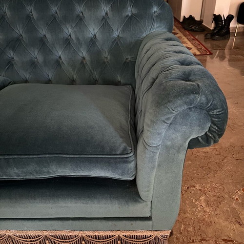 Vintage Spanish Chesterfield sofa set 3+2+armchair used, velvet petrol